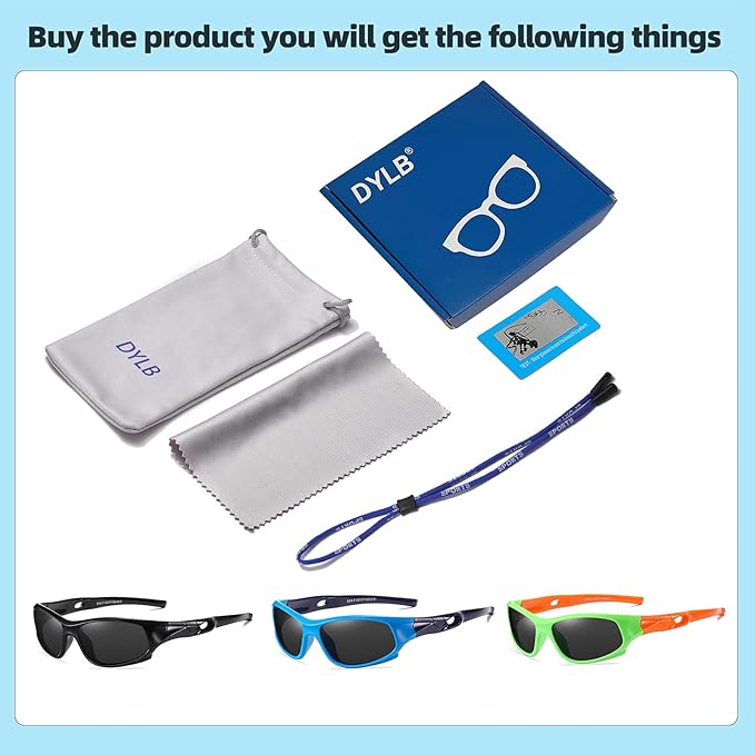 DYLB 3 Pack Flexible Kids Polarized Sunglasses For Boys Girls With Strap, Sport Sunglasses for Children Age 3-10.