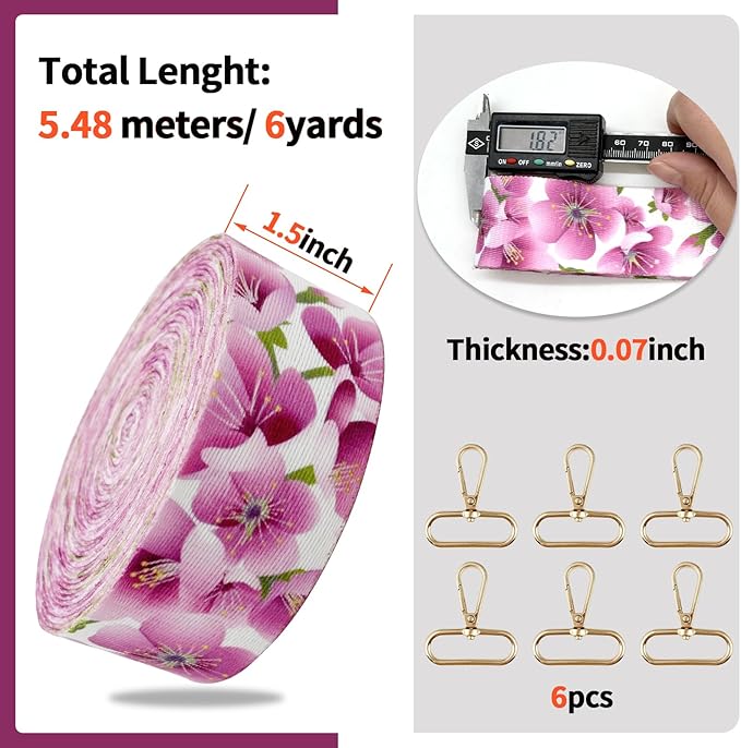 Printed Flower Nylon Webbing with Buckle 1 1/2 inch 6 Yards Pink Thick Patterned Fabric Webbing Luggage Handle Jacquard Ribbon for Backpack Bags-Seatbelt-Clothing-Sewing-DIY Crafts & Projects