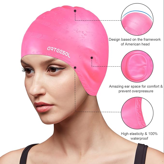 Swimming Cap, Silicone Swim Cap for Women Men, Durable Non-Slip Waterproof Swim Cap Protect Ears, Long Hair for Adults, Older Kids