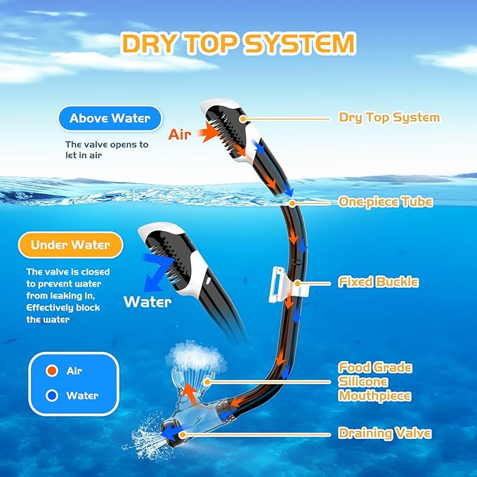 Snorkeling Gear, Dry Snorkel Set180° Panoramic Wide View,Anti-Fog Scuba Diving Mask, Professional Snorkeling Gear for Free Breathing, Swimming, Diving