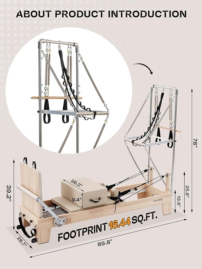 Pilates Reformer Machine, Quick-Assembly Studio Grade Pilates Equipment for Gym and Home, Oak Wood Pilates Reformer with Reformer Accessories
