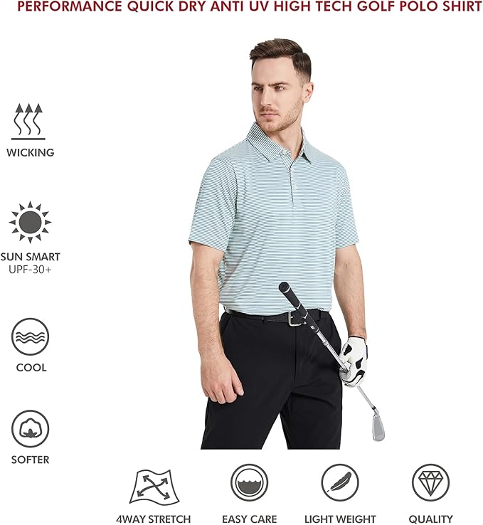Men's Golf Polo Shirts Short Sleeve Striped Performance Moisture Wicking Dry Fit Golf Shirts for Men