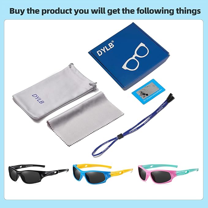 DYLB 3 Pack Flexible Kids Polarized Sunglasses For Boys Girls With Strap, Sport Sunglasses for Children Age 3-10.