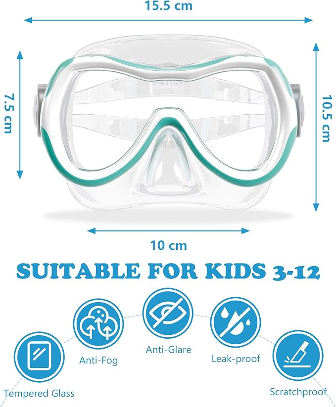 Aegend Kids Swim Mask Goggles, Tempered Glass 180° HD Wide View with Nose Cover