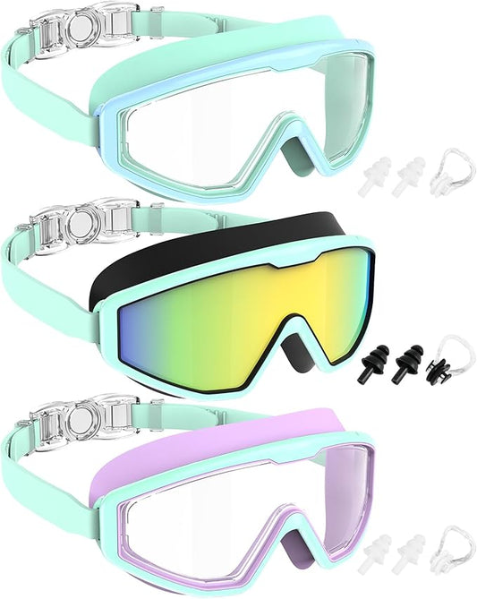 NSSIW Swim Goggles Swimming Kids-Goggles: Anti Fog No Leak with Nose Clip Earplugs for Girls Boys Youth 6-14 3 Pack