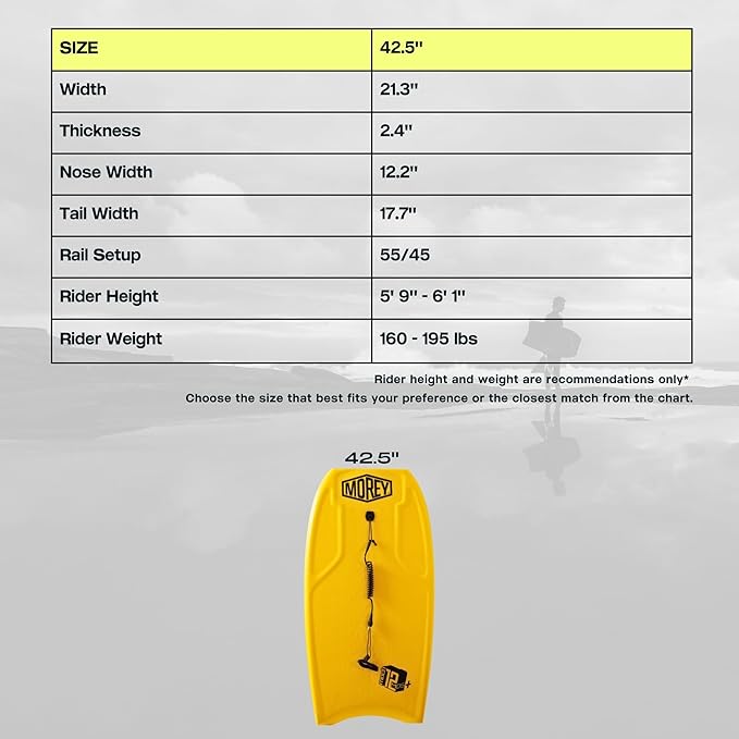 MOREY® Mach 12 MDS, 42.5" Bodyboard. Dynamic Speed Body Boards for Beach, for All Skill Levels, Embedded Fiberglass Stringer, with Coil Leash. Re-Engineered 2025 Model