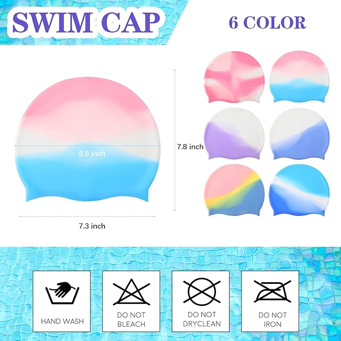 Syhood 6 Pieces Unisex Adult Silicone Swim Cap Waterproof Swimming Hat Non Slip Pool Hat Elastic Silicone Cap for Long and Short Hair