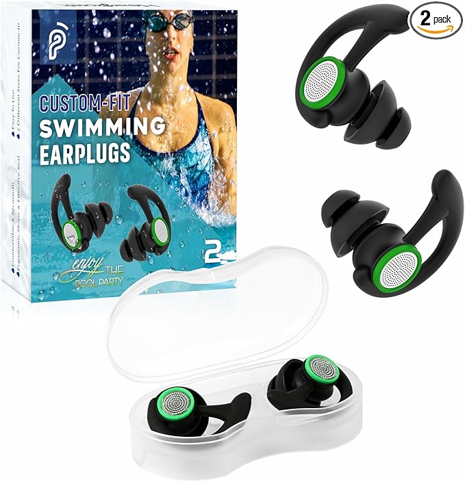 Hearprotek 2 Pairs Ear Plugs for Swimming Adults, Reusable Custom-fit Swim Water earplugs Men Women for Swimmers Shower Pool Bath Surfing Kayaking Canoeing(Black)