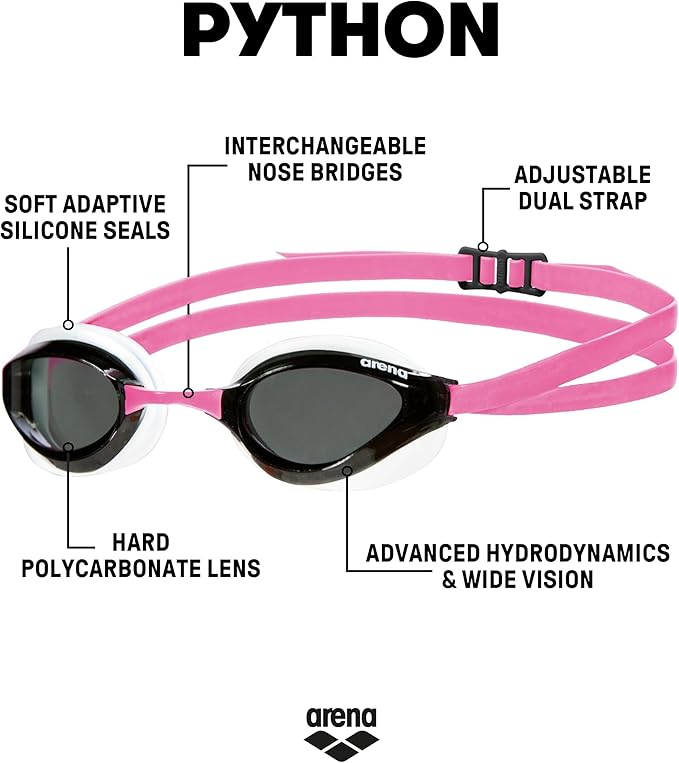 ARENA Unisex Python Racing Swim Goggles for Men and Women Anti-Fog No Leak Max Comfort Dual Strap, Mirror/Non-Mirror Lens
