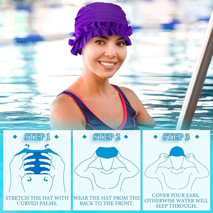 Soulchen 3 Pcs Swim Cap Women Adult with Ruffled Edges Nylon Cloth Swimming Cap for Women Bathing Hats Swim Turban Waterproof Swimming Hat