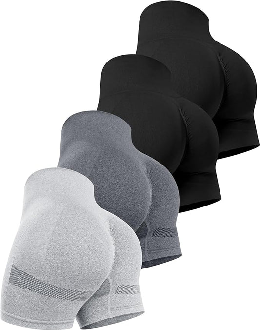CHRLEISURE Women's 4 Packs Workout Gym Shorts, High Waisted Butt Lifting Scrunch Butt Seamless Booty Shorts