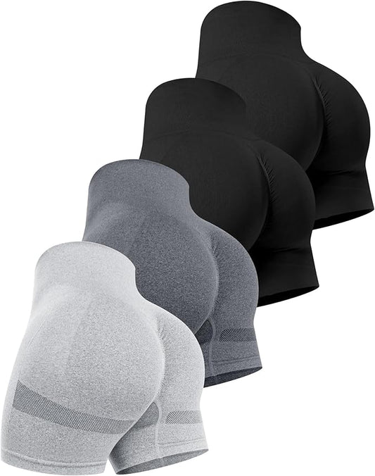 CHRLEISURE Women's 4 Packs Workout Gym Shorts, High Waisted Butt Lifting Scrunch Butt Seamless Booty Shorts