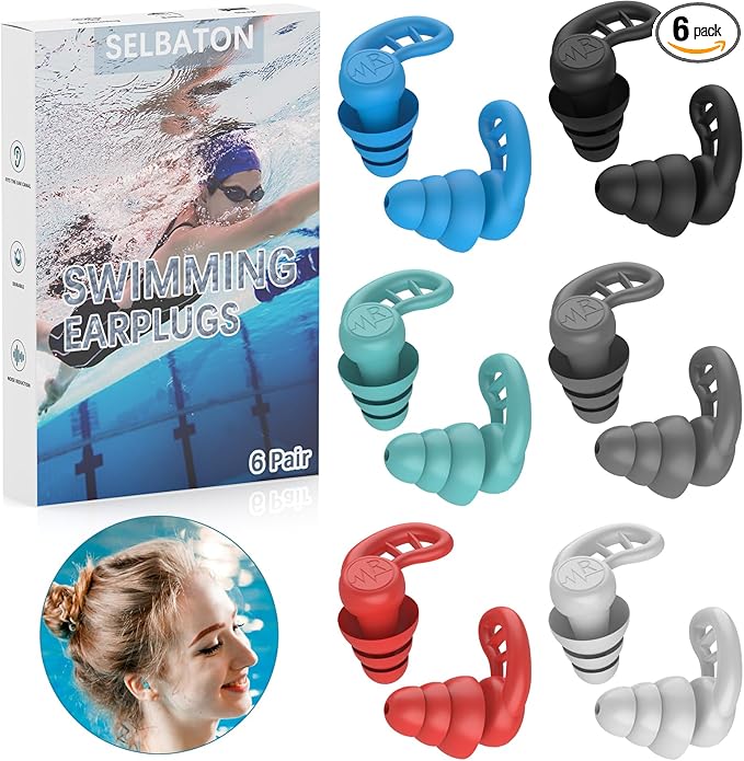 Swimming Ear Plugs for Adults, 6 Pairs Reusable Silicone Waterproof Colorful Swim Earplugs for Swimming Showering Snorkeling Surfing and Water Sports, Water Ear Plugs for Men and Women