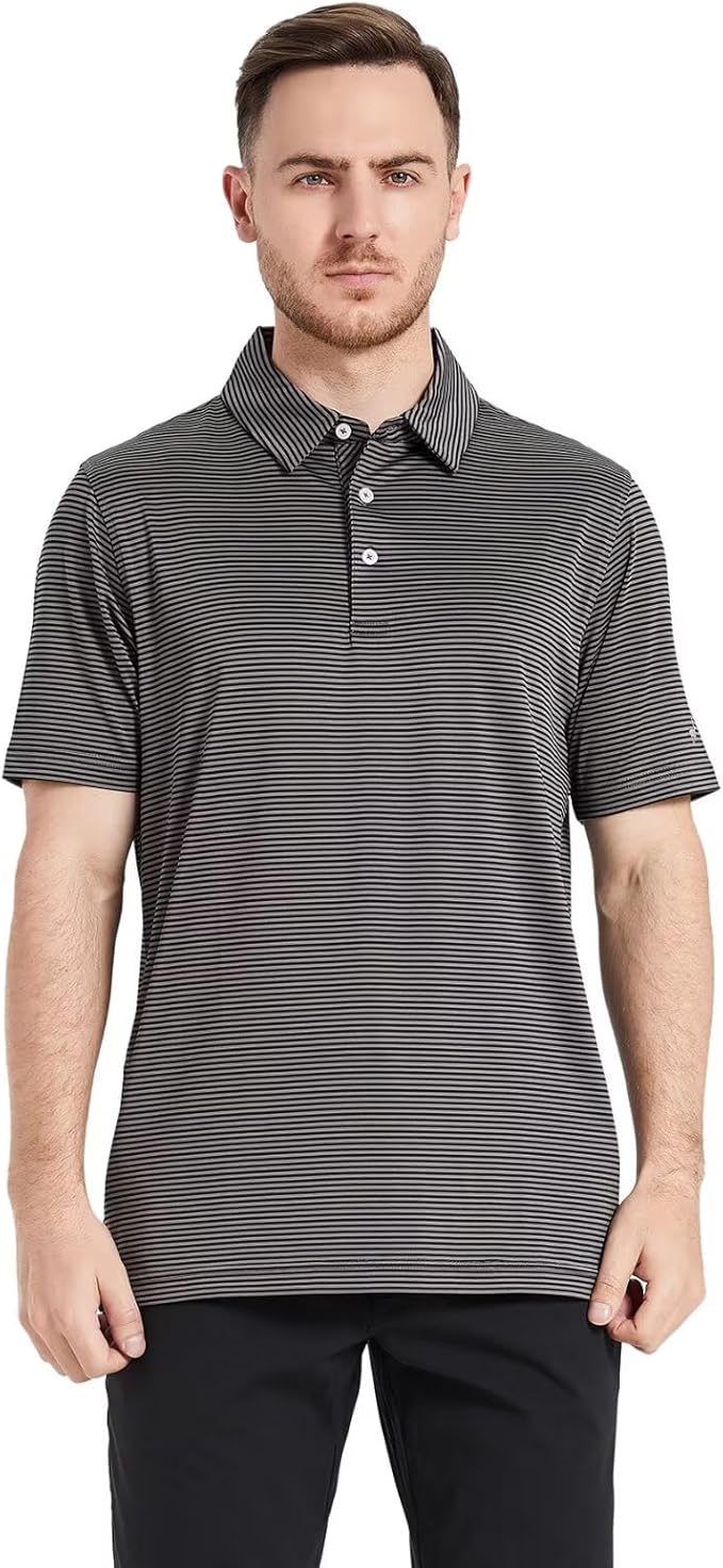 Mens Golf Shirt Moisture Wicking Dry Fit Performance Sport Short Sleeve Striped Golf Polo Shirts for Men