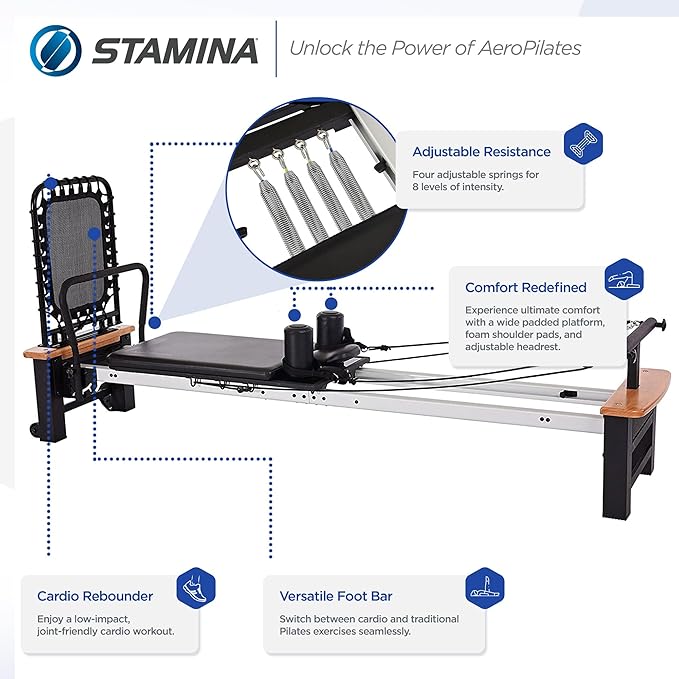 Stamina Products AeroPilates Reformer Workout Machine for Home Gym, 300 lb Capacity