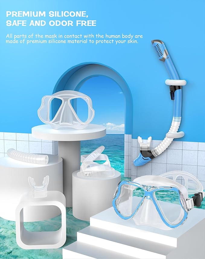 Greatever Dry Snorkel Set,Panoramic Wide View,Anti-Fog Scuba Diving Mask,Professional Snorkeling Gear