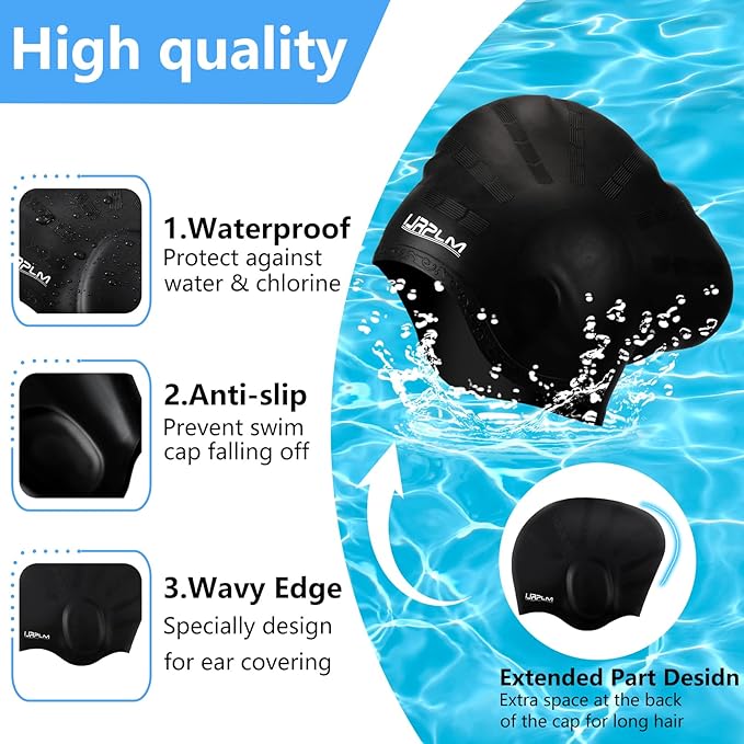 Swim Cap Long Hair,Silicone Swimming Caps with 3D Ear Cover,Waterproof Adult Swim Hats Bathing Caps for Women Men,Keep Your Hair Dry
