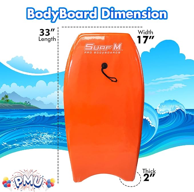 PMU 33 Inch Orange Bodyboard - Lightweight Wrist Leash, Slick Bottom Boards for Beach, Sea & Pool - Surfing Board for Kids, Teens & Adults Wave Conditions Pkg/1
