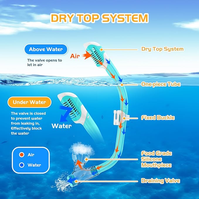 Snorkeling Gear, Dry Snorkel Set180° Panoramic Wide View,Anti-Fog Scuba Diving Mask, Professional Snorkeling Gear for Free Breathing, Swimming, Diving