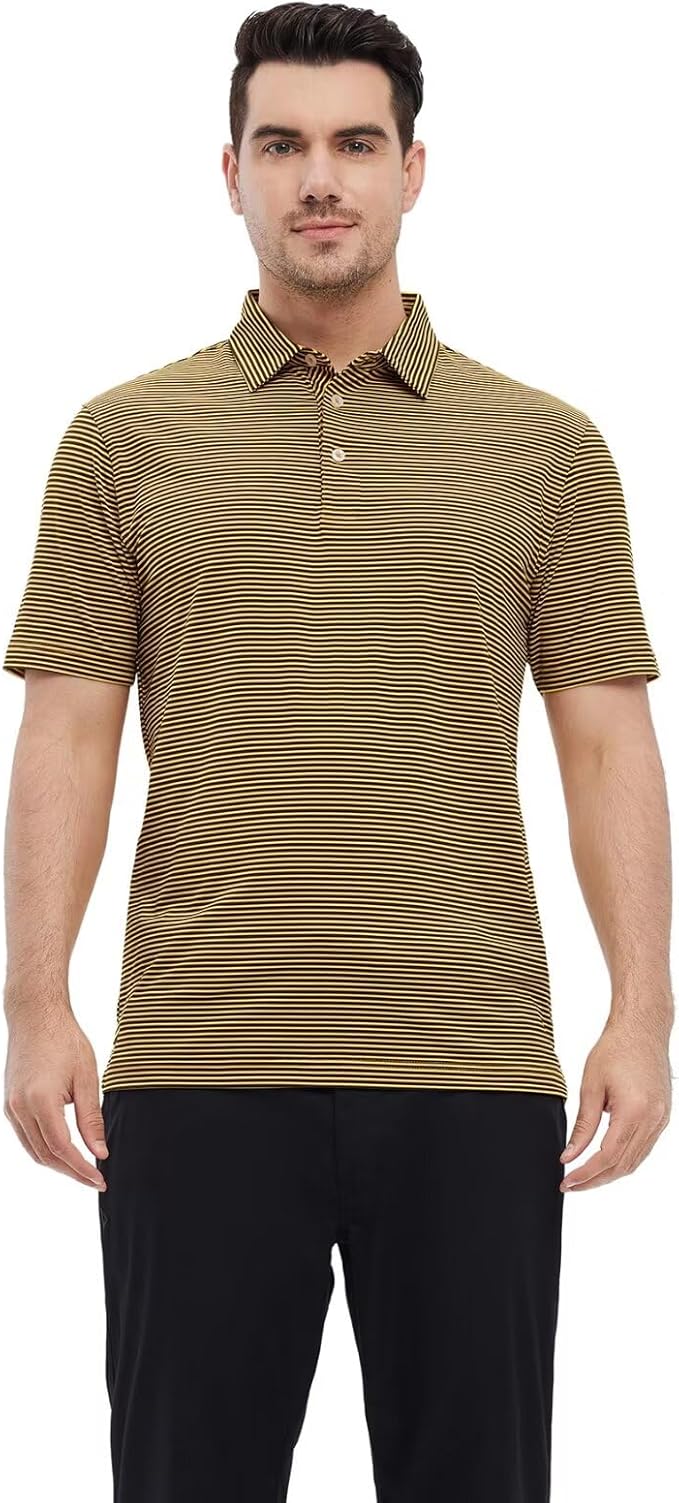Men's Golf Polo Shirts Short Sleeve Striped Performance Moisture Wicking Dry Fit Golf Shirts for Men