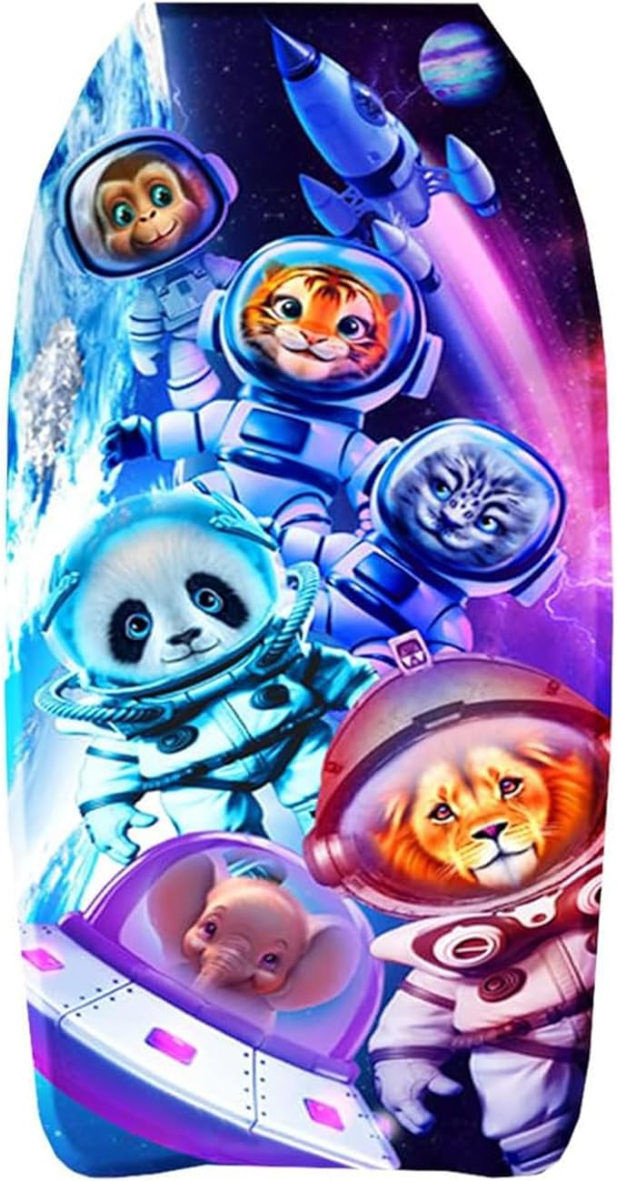 PMU 33 Inch Space Animals Printed Bodyboard - Lightweight Wrist Leash Body Board for Beach, Sea & Pool - Surfing Board for Teens & Adults Wave Conditions Pkg/1