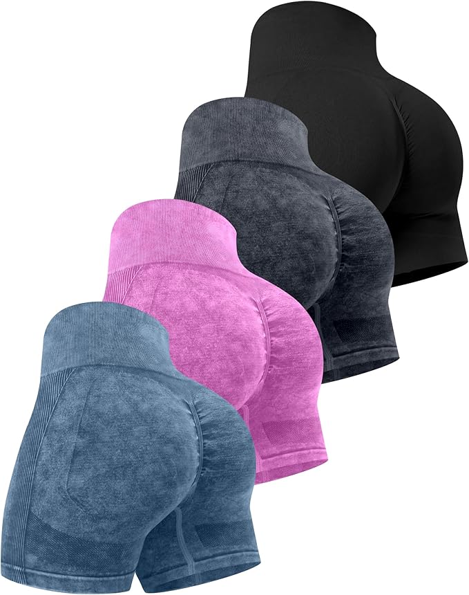 CHRLEISURE Women's 4 Packs Workout Gym Shorts, High Waisted Butt Lifting Scrunch Butt Seamless Booty Shorts