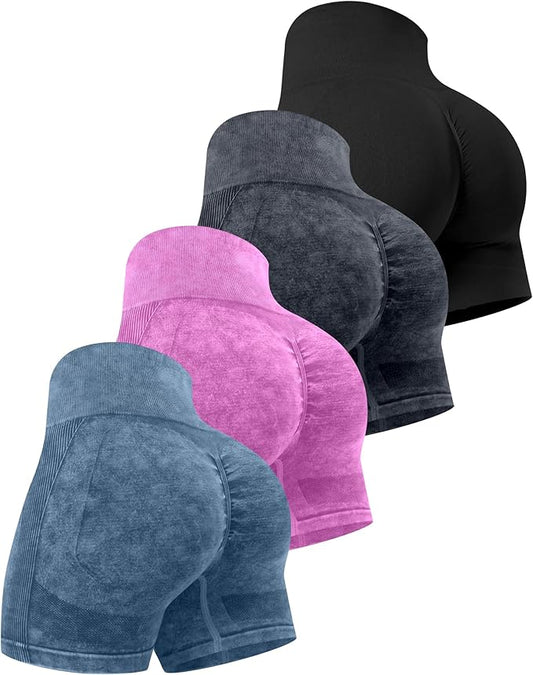 CHRLEISURE Women's 4 Packs Workout Gym Shorts, High Waisted Butt Lifting Scrunch Butt Seamless Booty Shorts