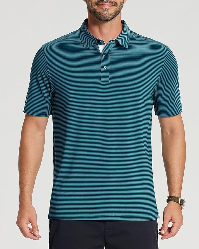 Golf Shirts for Men - Moisture Wicking Short Sleeve Performance Sport Casual Striped Collared Mens Polo Shirt