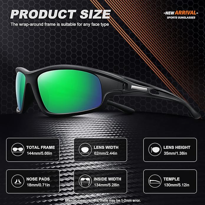 Polarized Sports Sunglasses for Men 100% UV Protection Wrap Around Unbreakable Sun Glasses for Fishing Driving