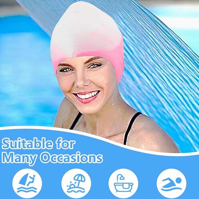 Swim Cap Long Hair,Silicone Swimming Caps with 3D Ear Cover,Waterproof Adult Swim Hats Bathing Caps for Women Men,Keep Your Hair Dry