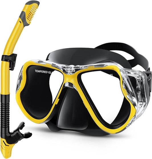 Greatever Dry Snorkel Set,Panoramic Wide View,Anti-Fog Scuba Diving Mask,Professional Snorkeling Gear