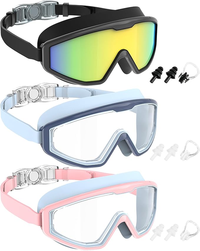 NSSIW Swim Goggles Swimming Kids-Goggles: Anti Fog No Leak with Nose Clip Earplugs for Girls Boys Youth 6-14 3 Pack