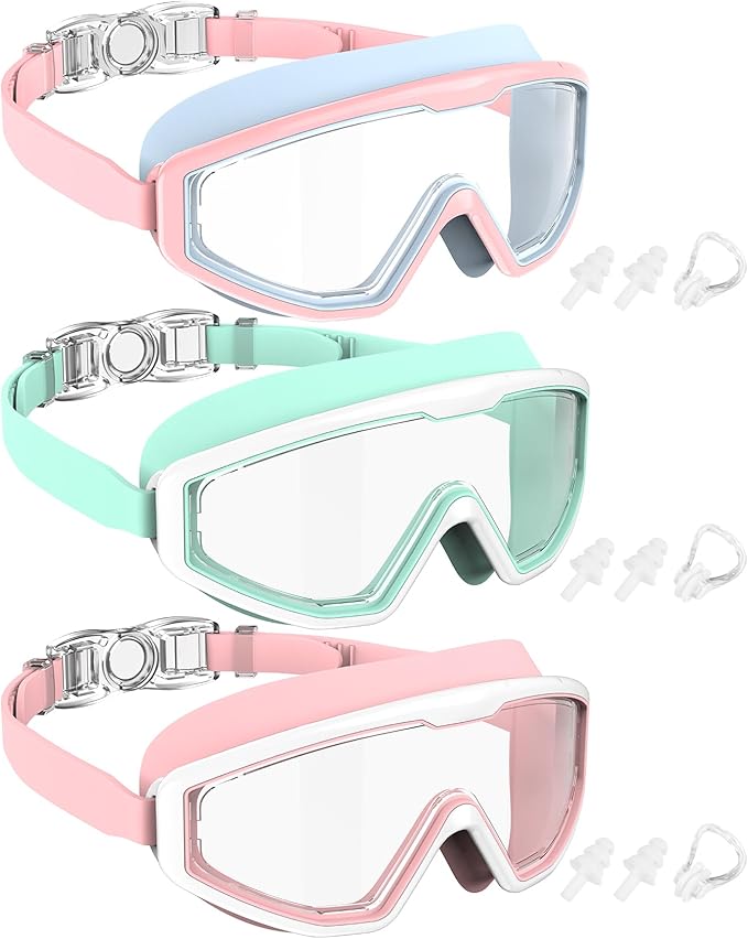 NSSIW Swim Goggles Swimming Kids-Goggles: Anti Fog No Leak with Nose Clip Earplugs for Girls Boys Youth 6-14 3 Pack
