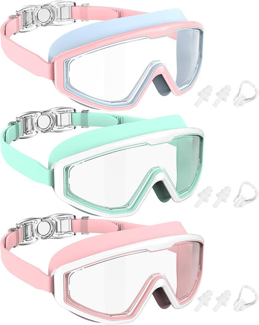 NSSIW Swim Goggles Swimming Kids-Goggles: Anti Fog No Leak with Nose Clip Earplugs for Girls Boys Youth 6-14 3 Pack