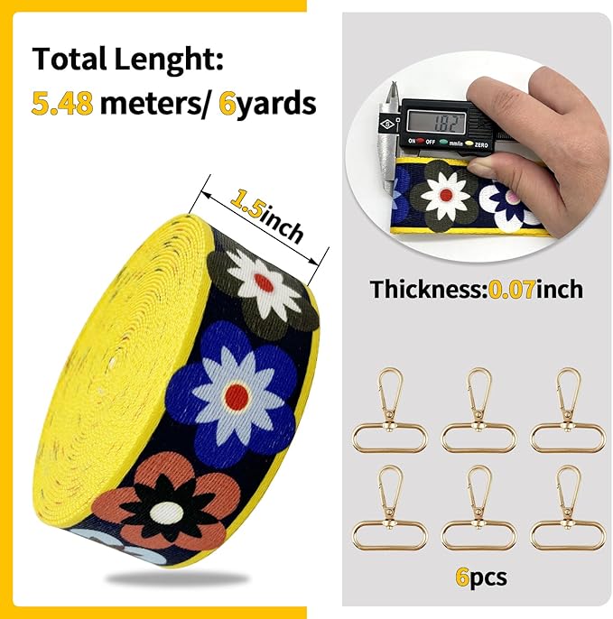 Printed Flower Nylon Webbing with Buckle 1 1/2 inch 6 Yards Black & Yellow Patterned Fabric Webbing Luggage Handle Jacquard Ribbon for Backpack Bags-Seatbelt-Clothing-Sewing-DIY Crafts & Projects