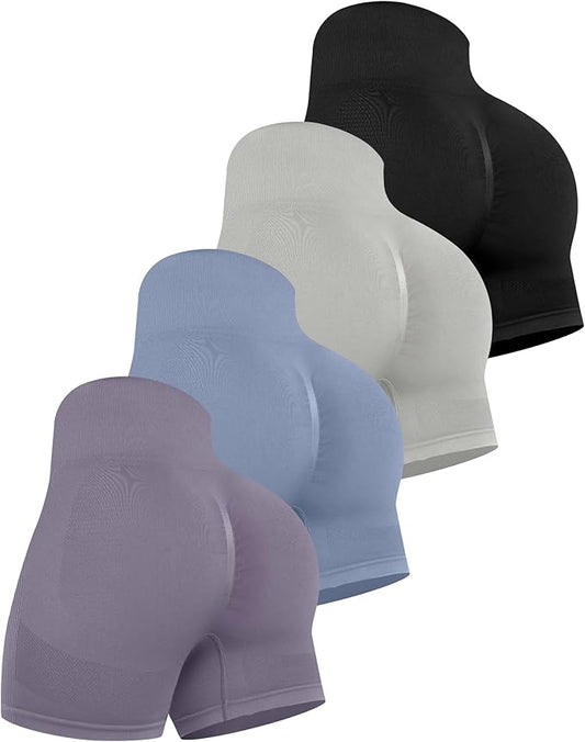 CHRLEISURE Women's 4 Packs Workout Gym Shorts, High Waisted Butt Lifting Scrunch Butt Seamless Booty Shorts