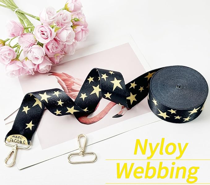 Printed Star Nylon Webbing 1 1/2 inch 6 Yards Heavy Duty Patterned Black Fabric Webbing Luggage Handle Jacquard Ribbon for Backpack Bags-Decorative Supplies-Clothing-Sewing-DIY Crafts & Projects