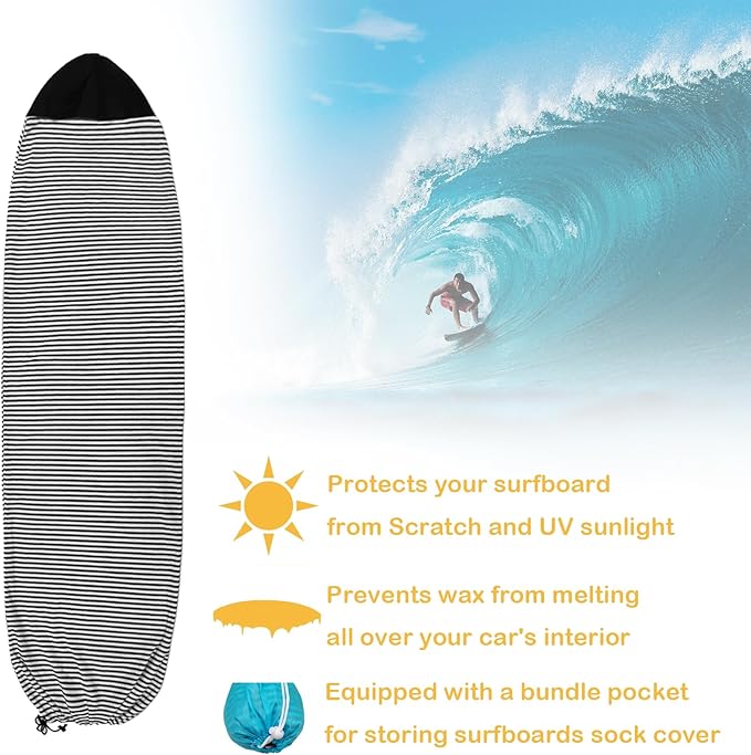 Surf Sock, Surfboard Sock Cover for Longboard Paddleboard Surf Board Sup Paddle Board, 6-8 FT Foot Quick Dry Stretch Surfboard Bag Sleeve with Drawstring Closure