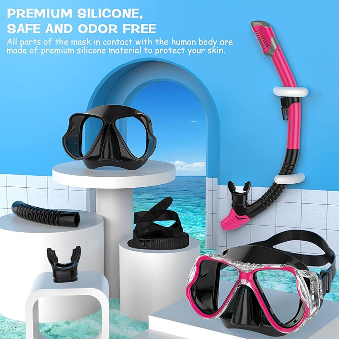 Greatever Dry Snorkel Set,Panoramic Wide View,Anti-Fog Scuba Diving Mask,Professional Snorkeling Gear
