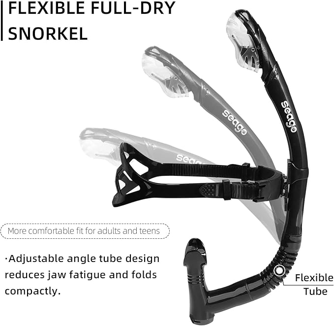 Seago Swim Snorkel for Lap Swimming, Dry Top Front Swimmer Snorkel for Adult Youth, Snorkel Gear Swimming Training Equipment in Pool and Open Water with Comfy Head Pads Food-Grade Silicone Mouthpiece