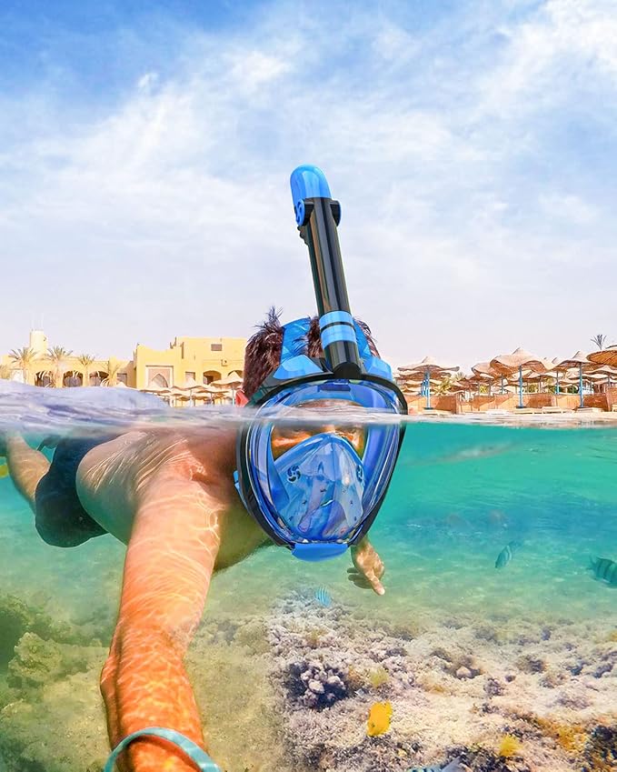 QingSong Full Face Snorkel Mask for Adults, Snorkeling Gear with Camera Mount, 180 Degree Panoramic View Snorkel Set Anti-Fog Anti-Leak