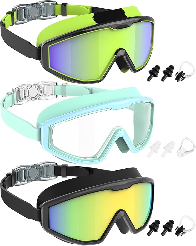 NSSIW Swim Goggles Swimming Kids-Goggles: Anti Fog No Leak with Nose Clip Earplugs for Girls Boys Youth 6-14 3 Pack