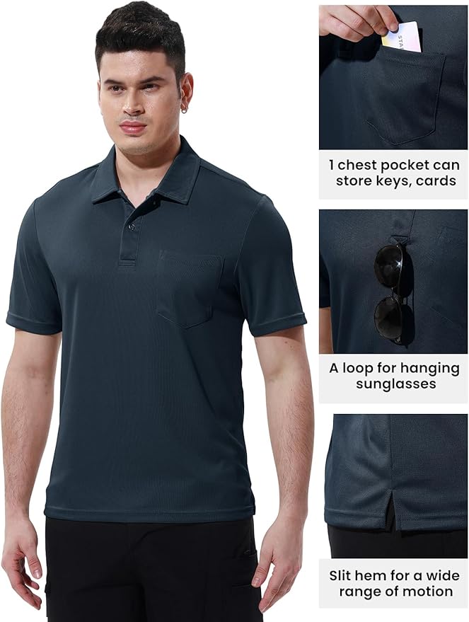 TBMPOY Men's Polo Shirts with Pocket Short Sleeve Quick Dry Casual Sports Outdoor Golf Shirt