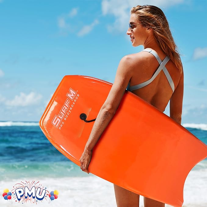 PMU 33 Inch Orange Bodyboard - Lightweight Wrist Leash, Slick Bottom Boards for Beach, Sea & Pool - Surfing Board for Kids, Teens & Adults Wave Conditions Pkg/1