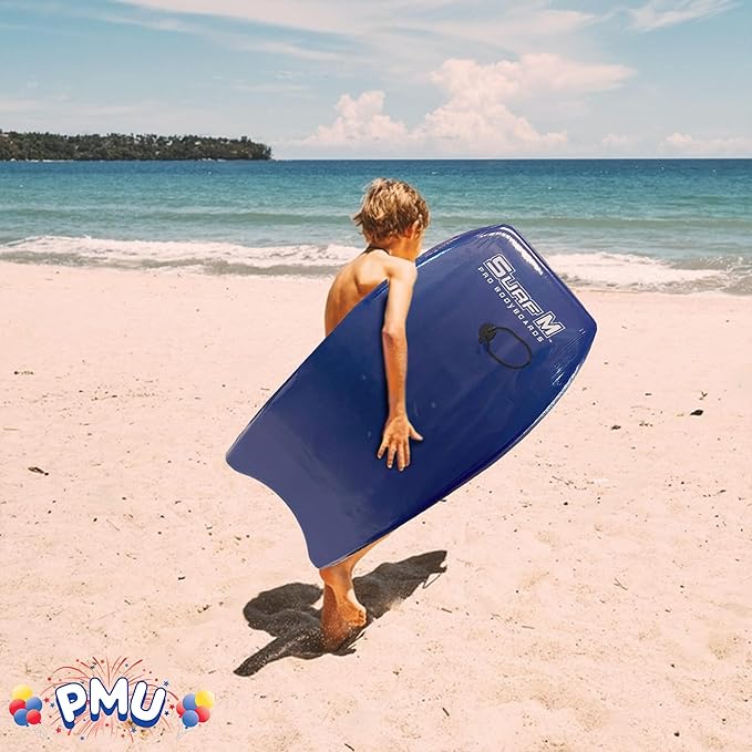 PMU 33 Inch Blue Bodyboard - Lightweight Wrist Leash, Slick Bottom Boards for Beach, Sea & Pool - Surfing Board for Kids, Teens & Adults Wave Conditions Pkg/1