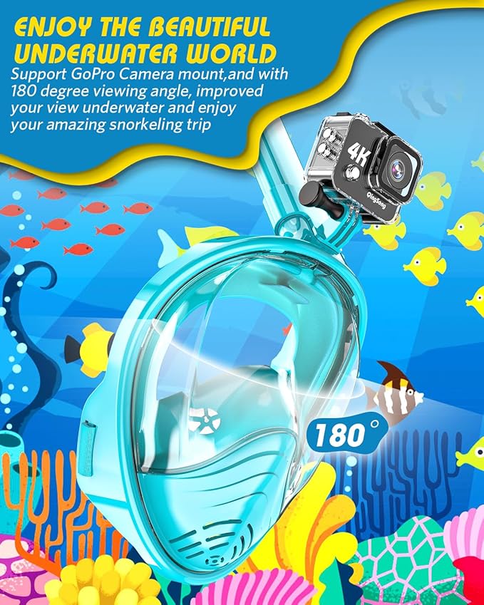 QingSong Kids Snorkel Mask Full Face, Snorkeling Set with Camera Mount, Foldable 180 Degree Panoramic View Snorkeling Gear Anti-Fog Anti-Leak