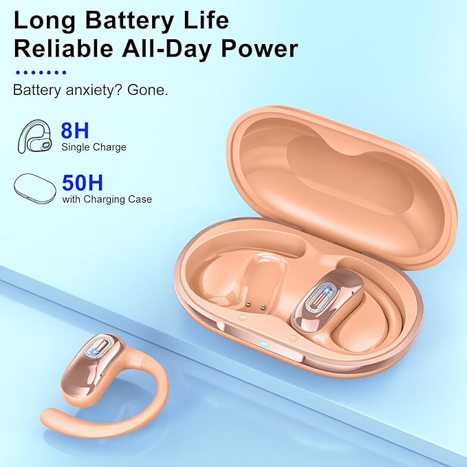 Open Ear Headphones, Bluetooth 5.4 Earbuds, 50H, Air Conduction Ear buds, HD Stereo Bass Over Ear Earphones with Earhooks, Ultra-Comfort Secure Fit, IPX7 Waterproof Headset for Working Sports, Orange
