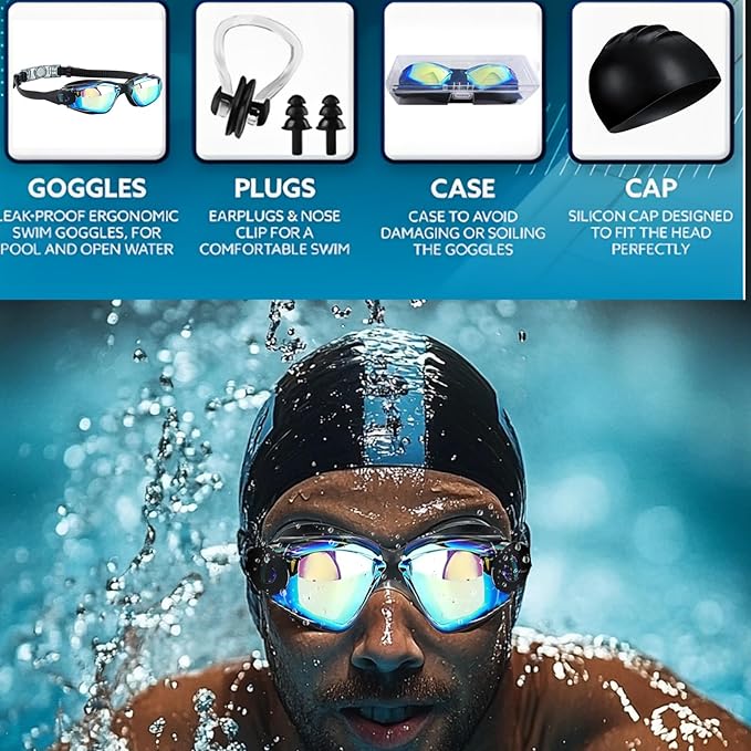 Swim Goggles Swimming Goggles No Leaking with Nose Clip, Earplugs, Swim Cap and Case for Men Women