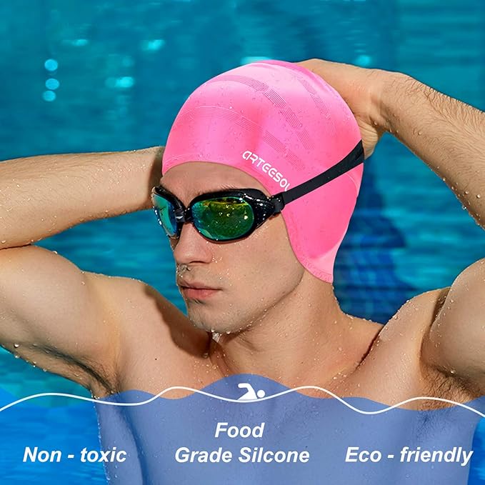 Swimming Cap, Silicone Swim Cap for Women Men, Durable Non-Slip Waterproof Swim Cap Protect Ears, Long Hair for Adults, Older Kids