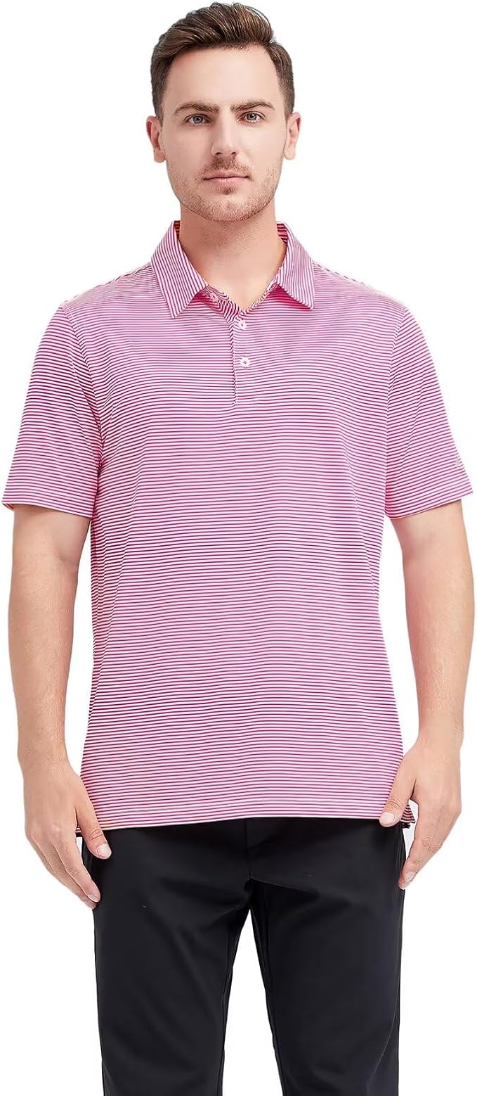 Men's Golf Polo Shirts Short Sleeve Striped Performance Moisture Wicking Dry Fit Golf Shirts for Men